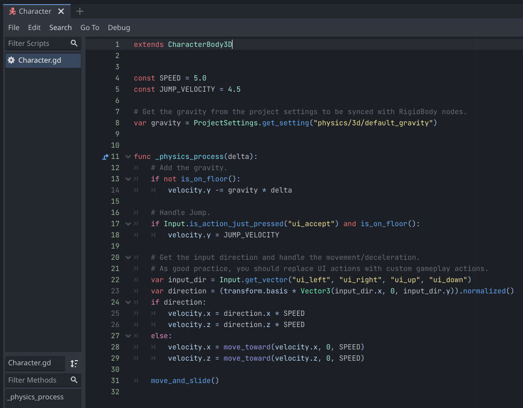GDScript code inside the Godot Engine editor.
